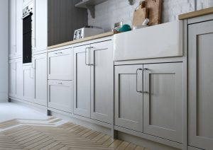 Alana Dust Grey shaker kitchen by The Kitchen Depot cabinets and belfast sink