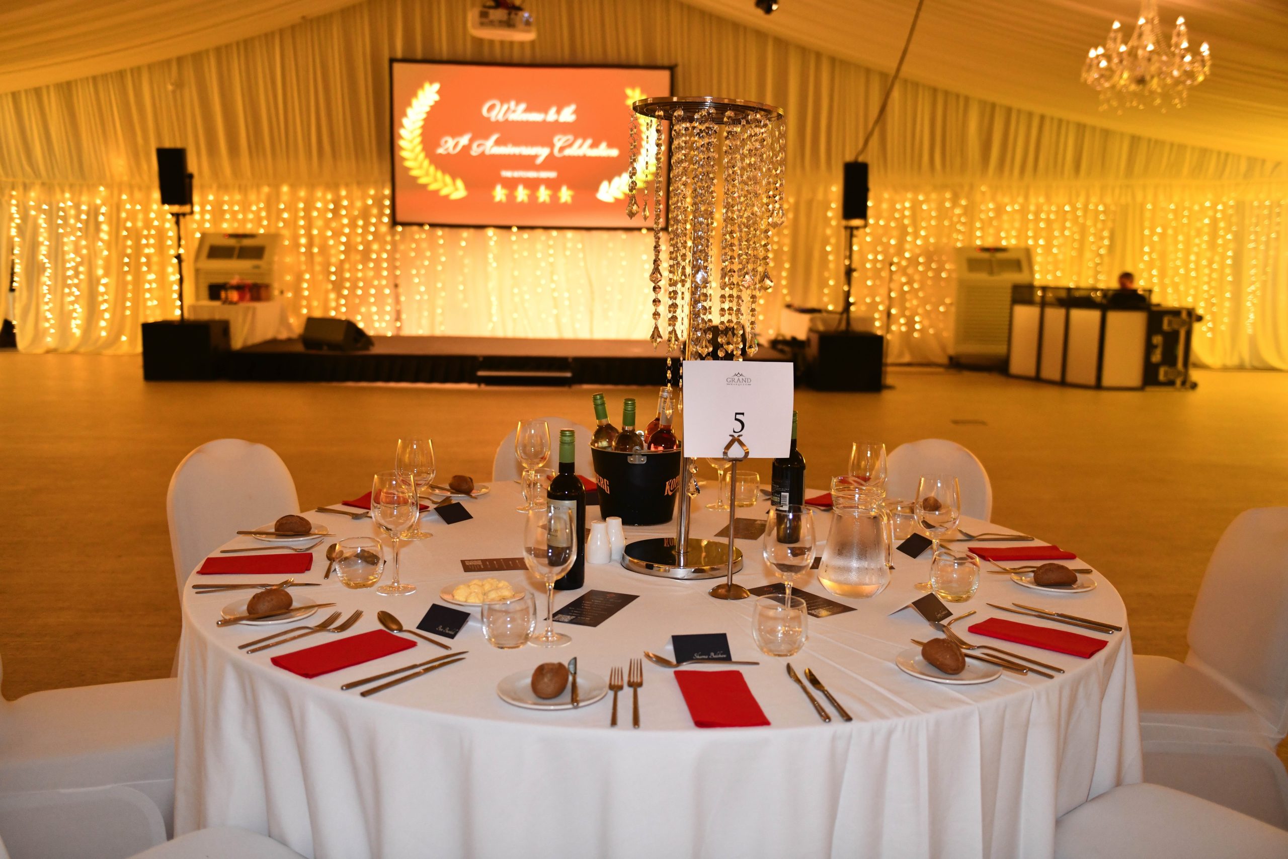 Tables set up for The Kitchen Depots 20th Anniversary Celebration at Ingliston Country Club & Hotel
