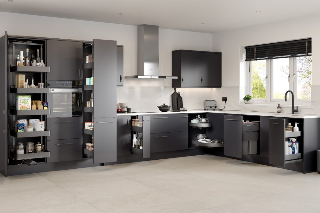 Zara Matte Graphite storage options with tall gate larder, pull out bins