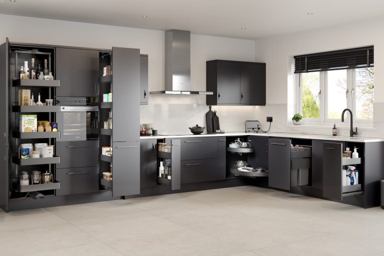 Zara Matte Graphite storage options with tall gate larder, pull out bins