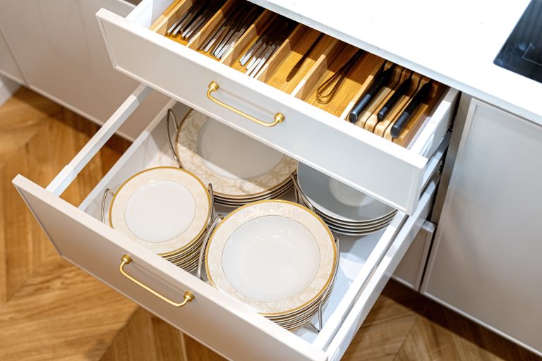 Kitchen Drawers with plates and cutlery