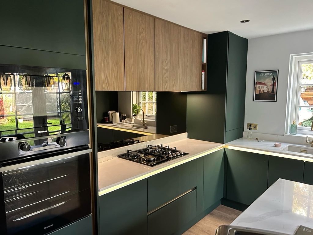 Linea Fir Green & Brown Casella Oak kitchen renovation carried out in Culross by The Kitchen Depot Rosyth in 2024