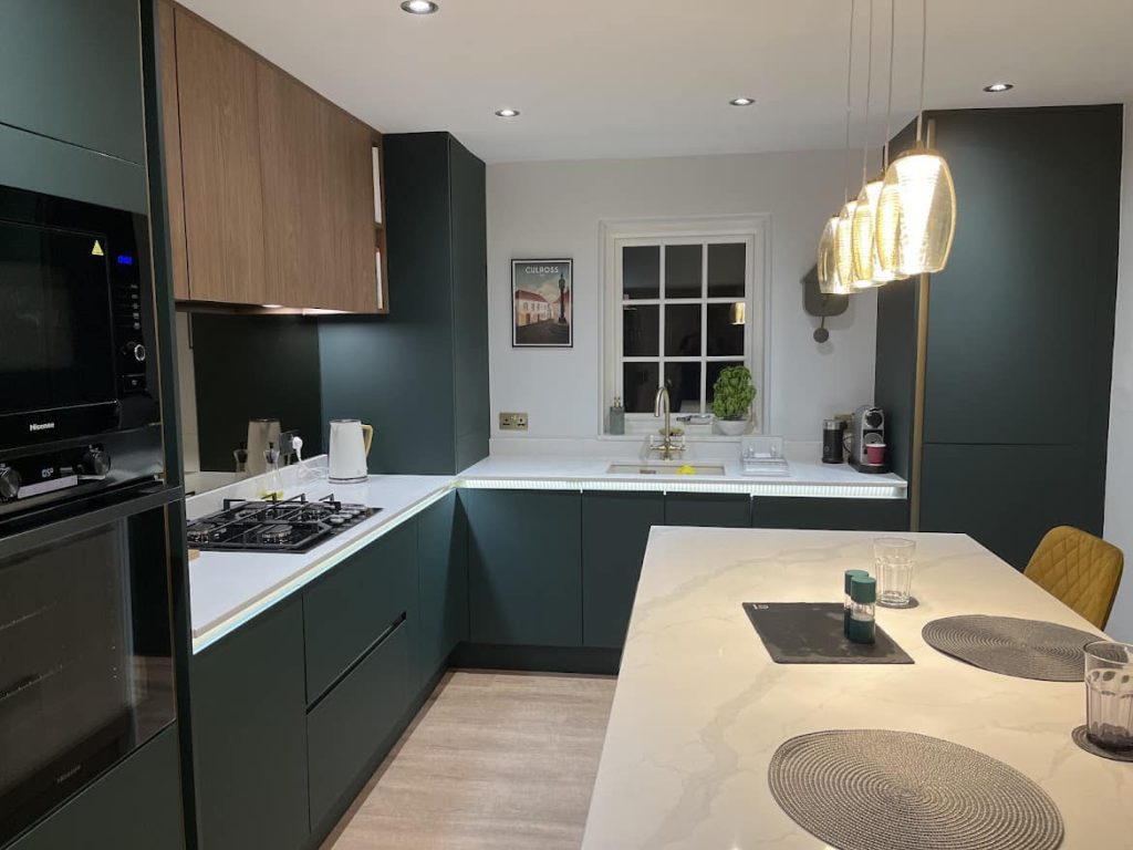 Linea Fir Green & Brown Casella Oak kitchen renovation designed and installed by The Kitchen Depot Rosyth in 2024