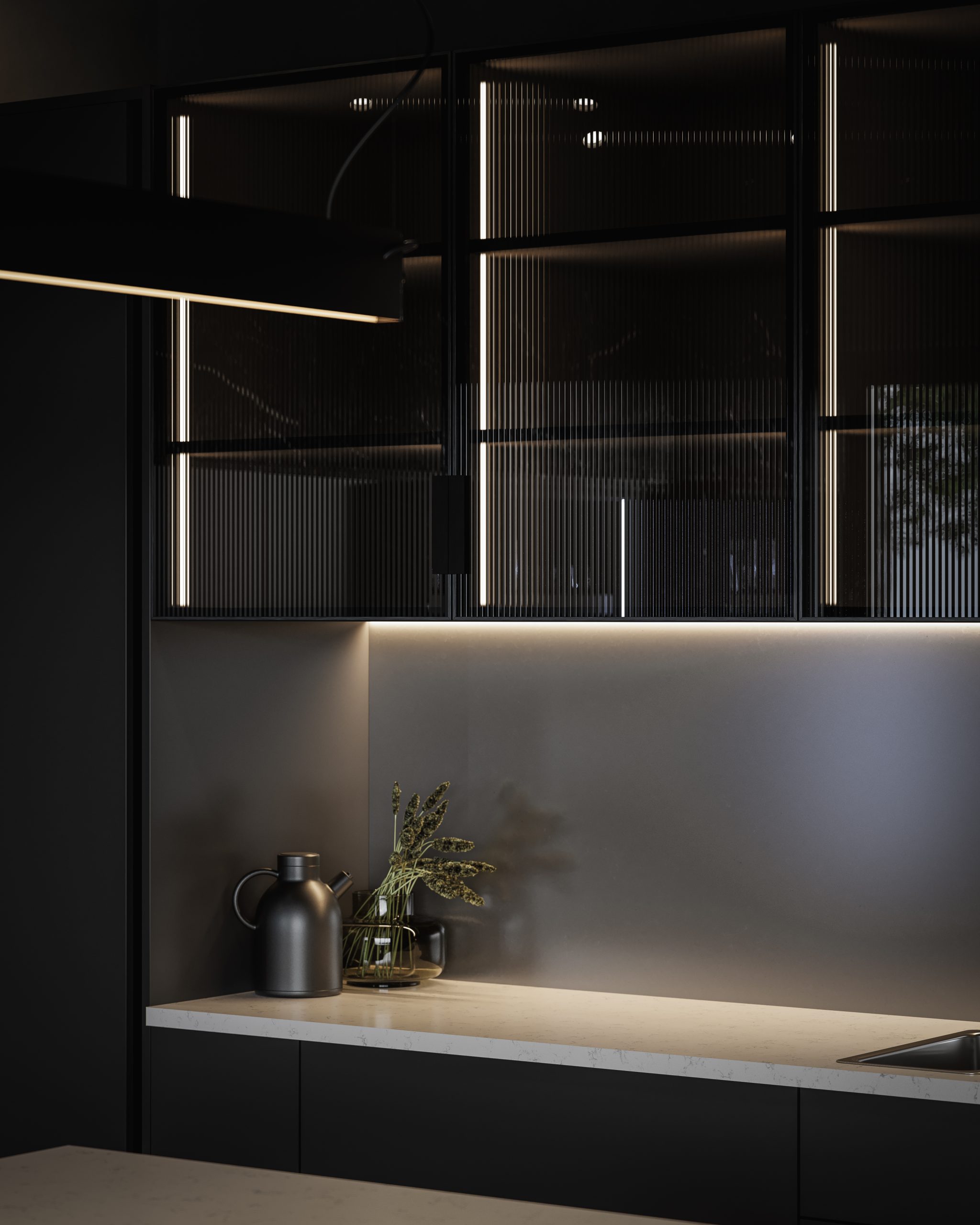 A dark marble effect kitchen using The Kitchen Depot's Linea range.