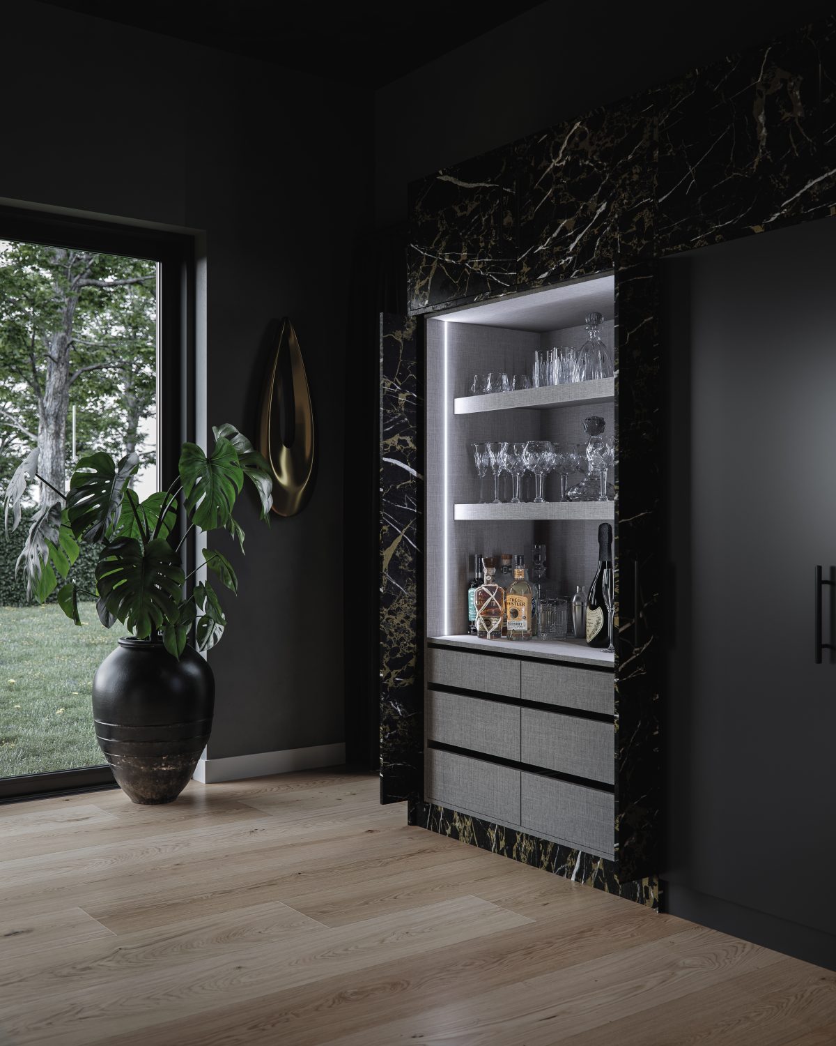 A dark marble effect kitchen using The Kitchen Depot's Linea range.