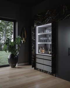 A dark marble effect kitchen using The Kitchen Depot's Linea range.