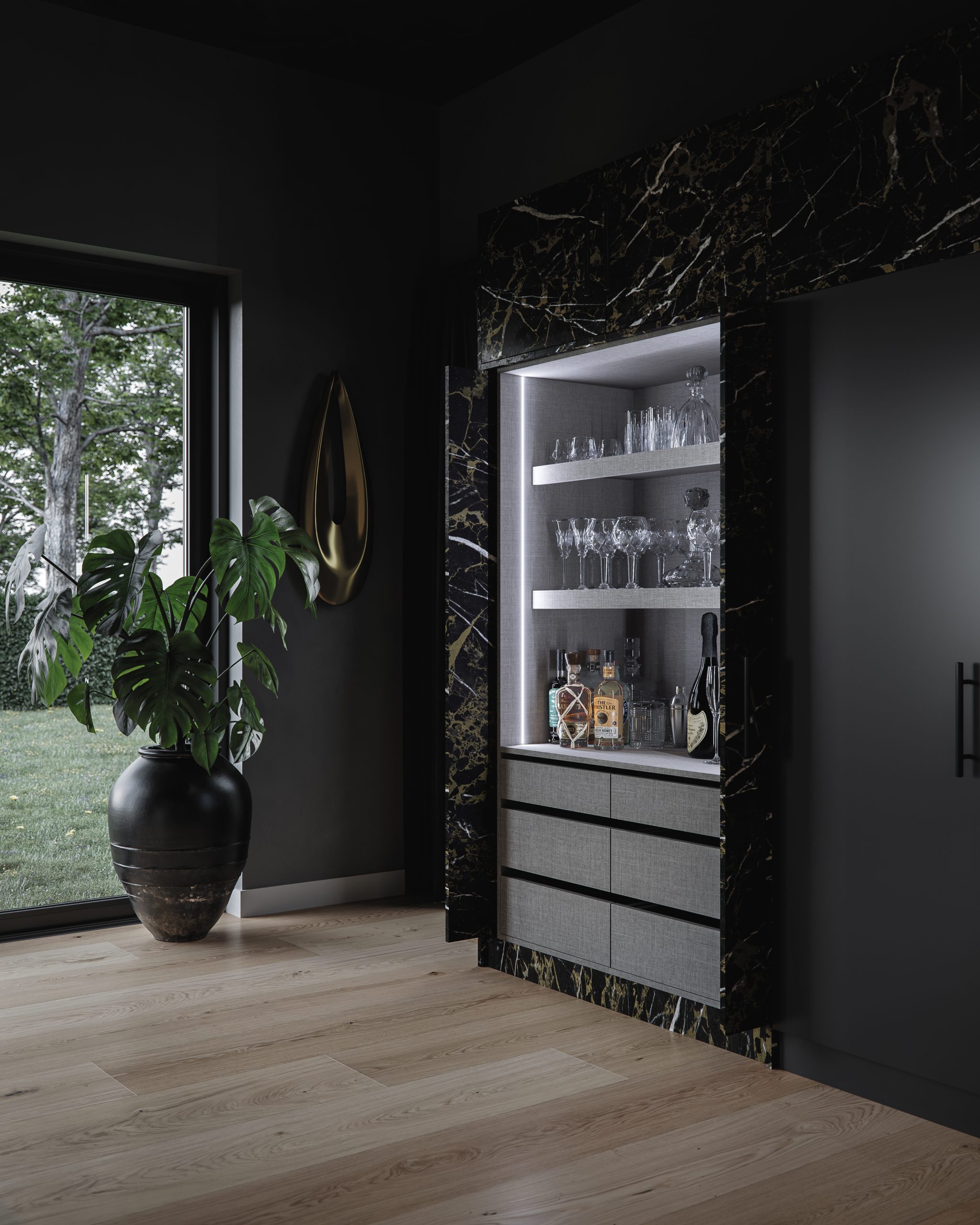 A dark marble effect kitchen using The Kitchen Depot's Linea range.