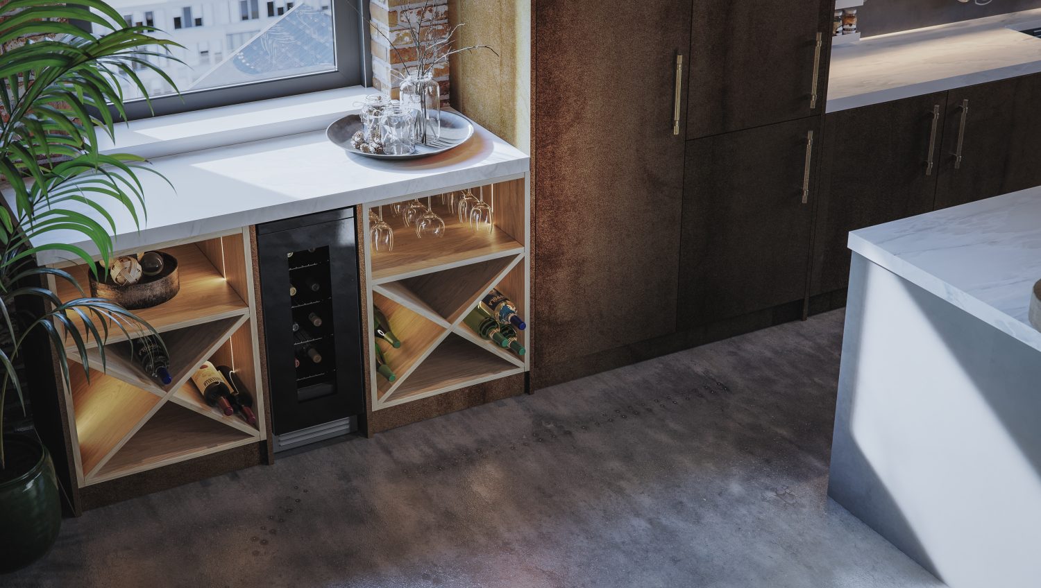 A modern industrial style kitchen from The Kitchen Depot in the Linea range. The doors feature a metal effect Bronze Oxide decor and a Factory Concrete island.