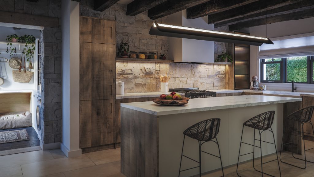 A country cottage style kitchen from The Kitchen Depot using the Walnut Chalet Oak decor.