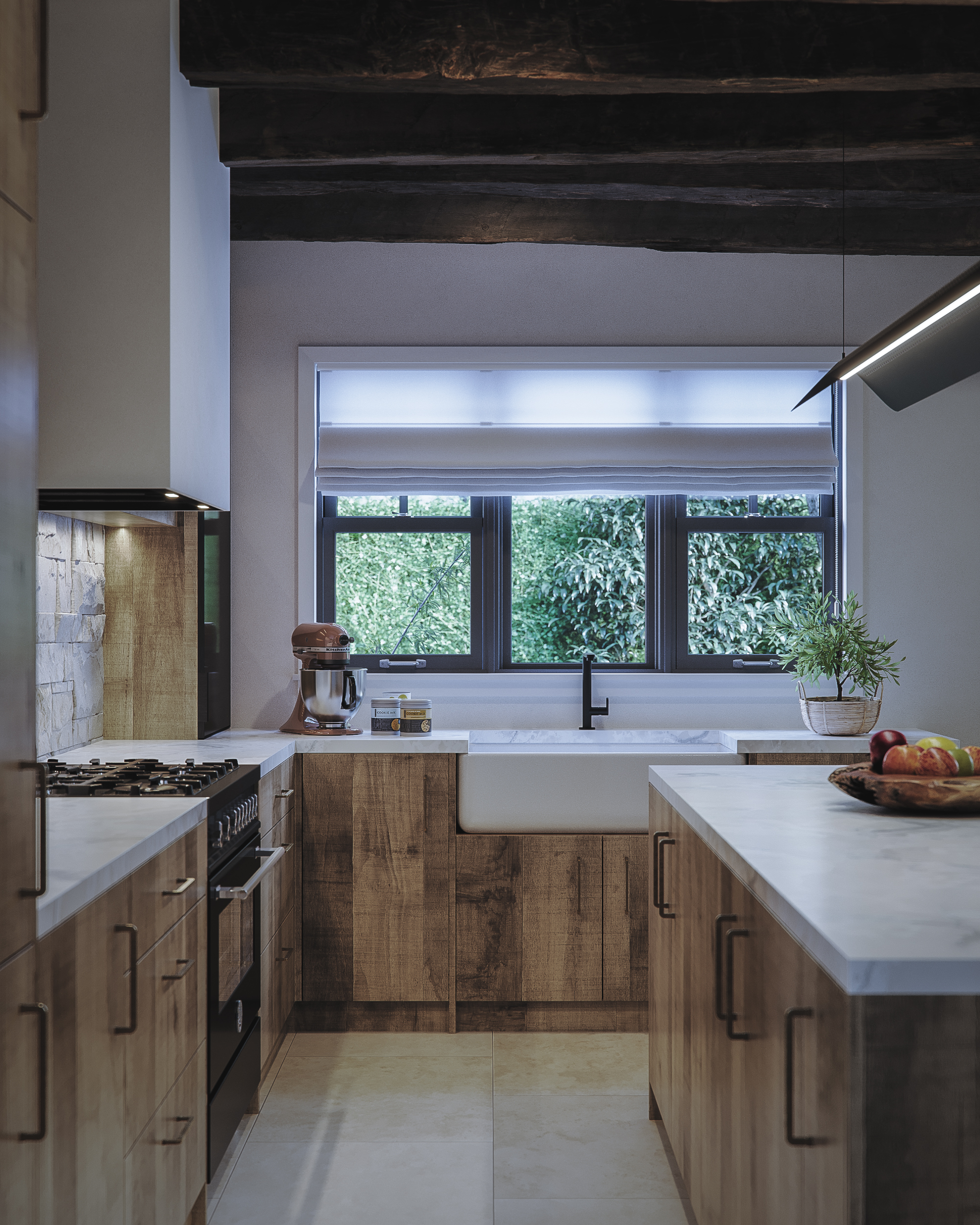 A country cottage style kitchen from The Kitchen Depot using the Walnut Chalet Oak decor.