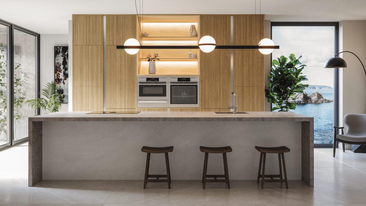 A Japandi style kitchen from The Kitchen Depot featuring Light Stripped Wood and Bianco Stone decors.