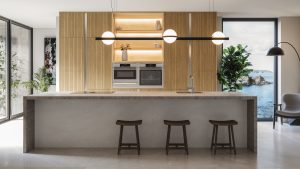 A Japandi style kitchen from The Kitchen Depot featuring Light Stripped Wood and Bianco Stone decors.