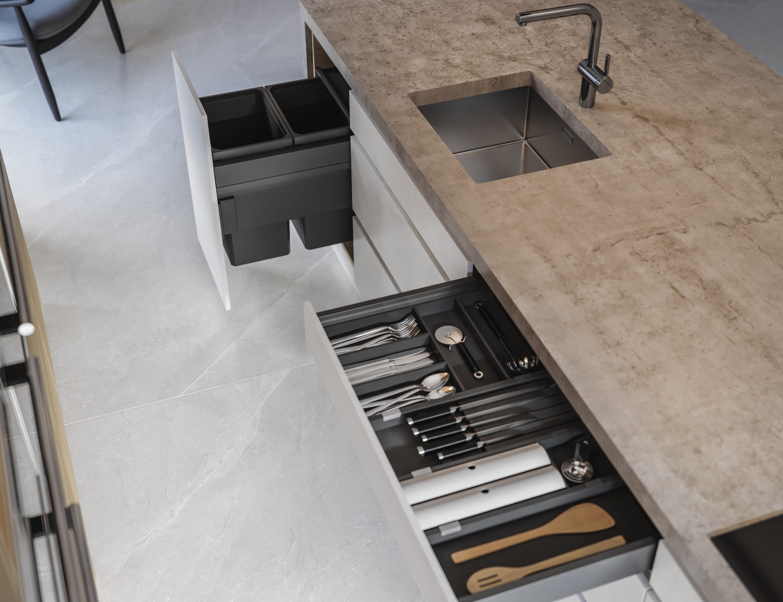 A Japandi style kitchen from The Kitchen Depot featuring Light Stripped Wood and Bianco Stone decors.