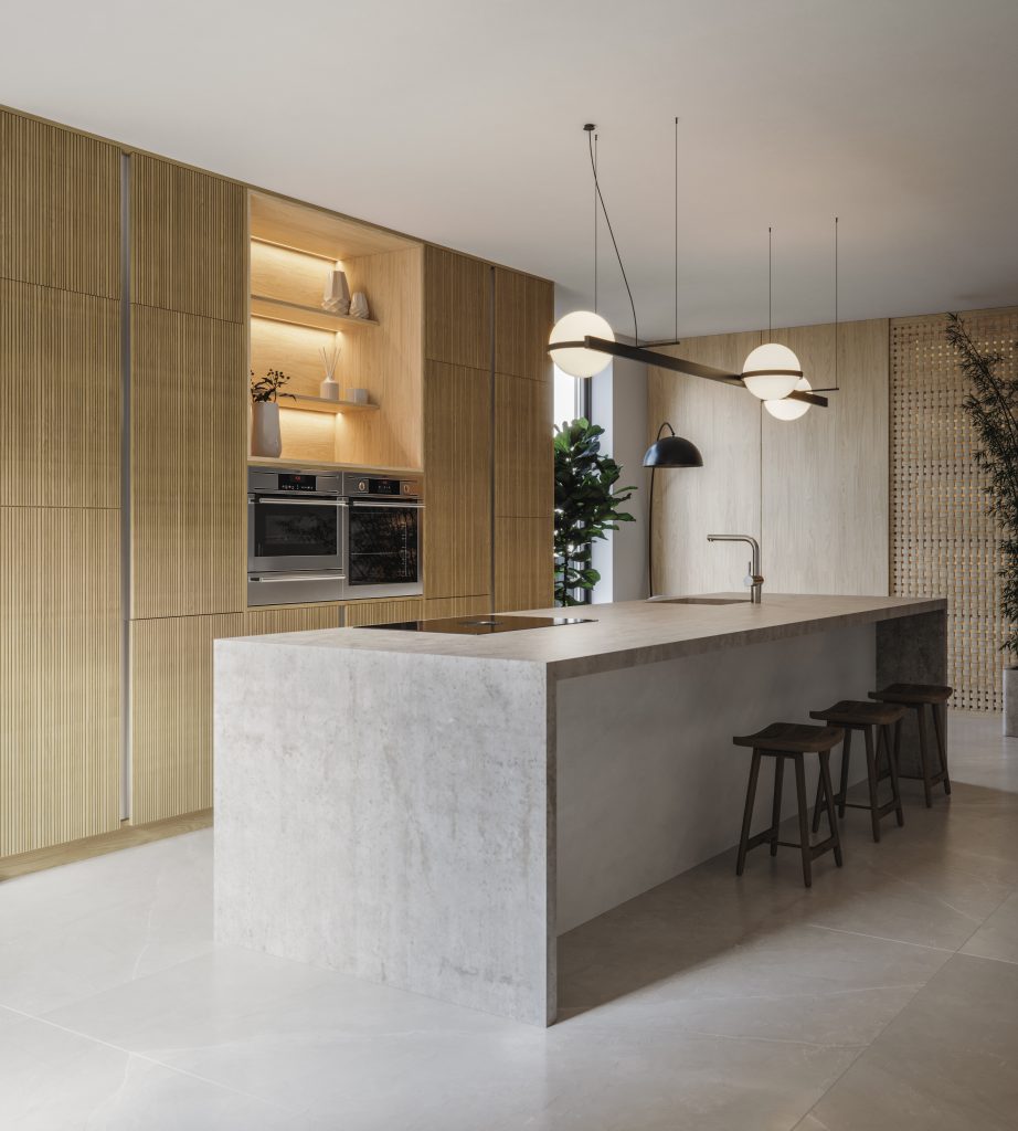 A Japandi style kitchen from The Kitchen Depot featuring Light Stripped Wood and Bianco Stone decors.