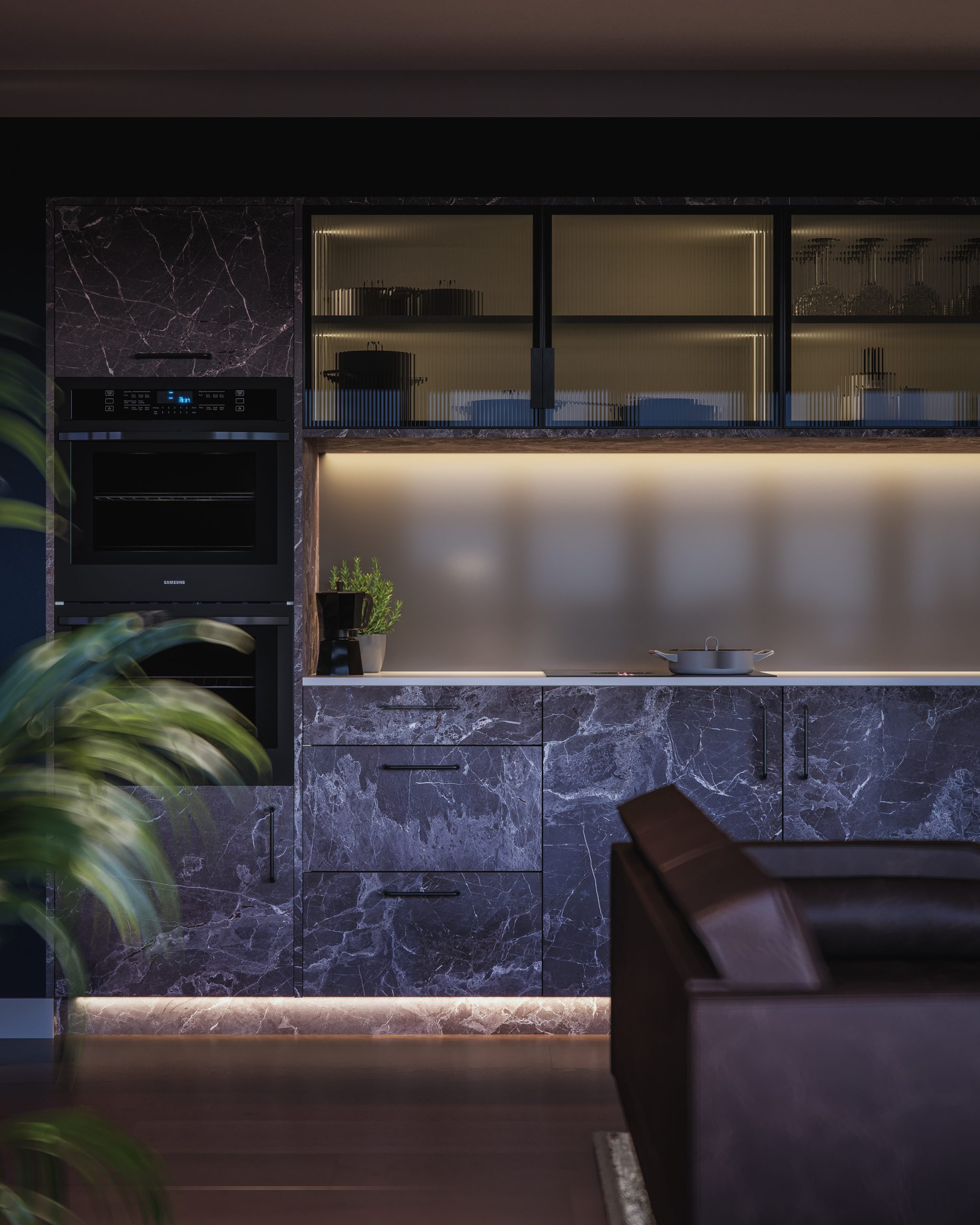 Marble effect kitchen door in a masculine open plan kitchen dining room space using The Kitchen Depot's Marquina Marble from the Linea range.