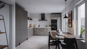 An L-shaped kitchen with stone effect slab doors by The Kitchen Depot's Linea range.