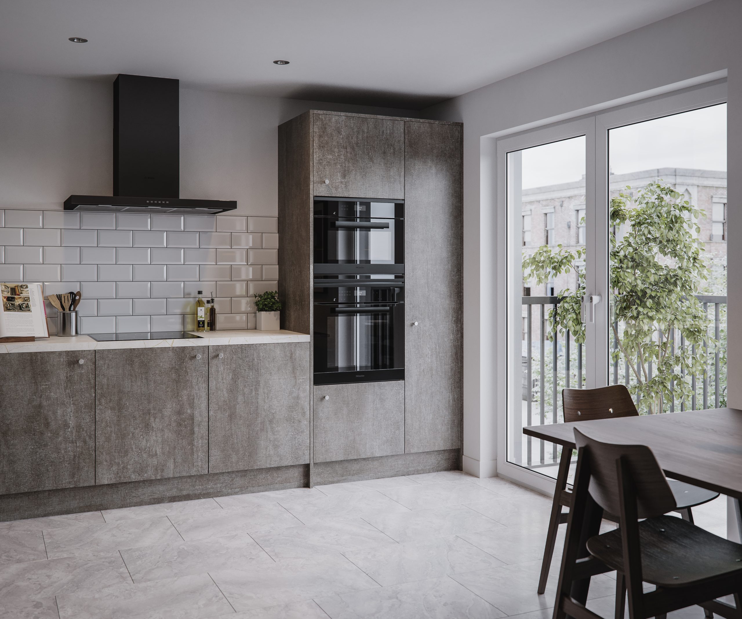 An L-shaped kitchen with stone effect slab doors by The Kitchen Depot's Linea range.