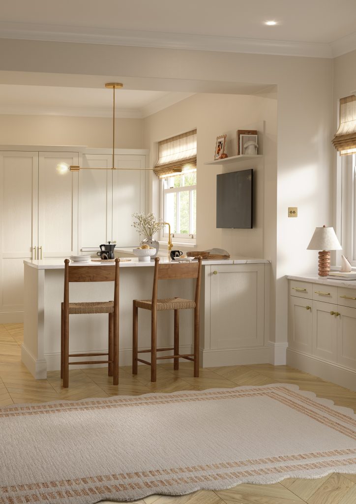 Kitchen with Nola door in Taupe Grey by The Kitchen Depot, featuring an island with bar stools, light cabinetry, and gold accents.