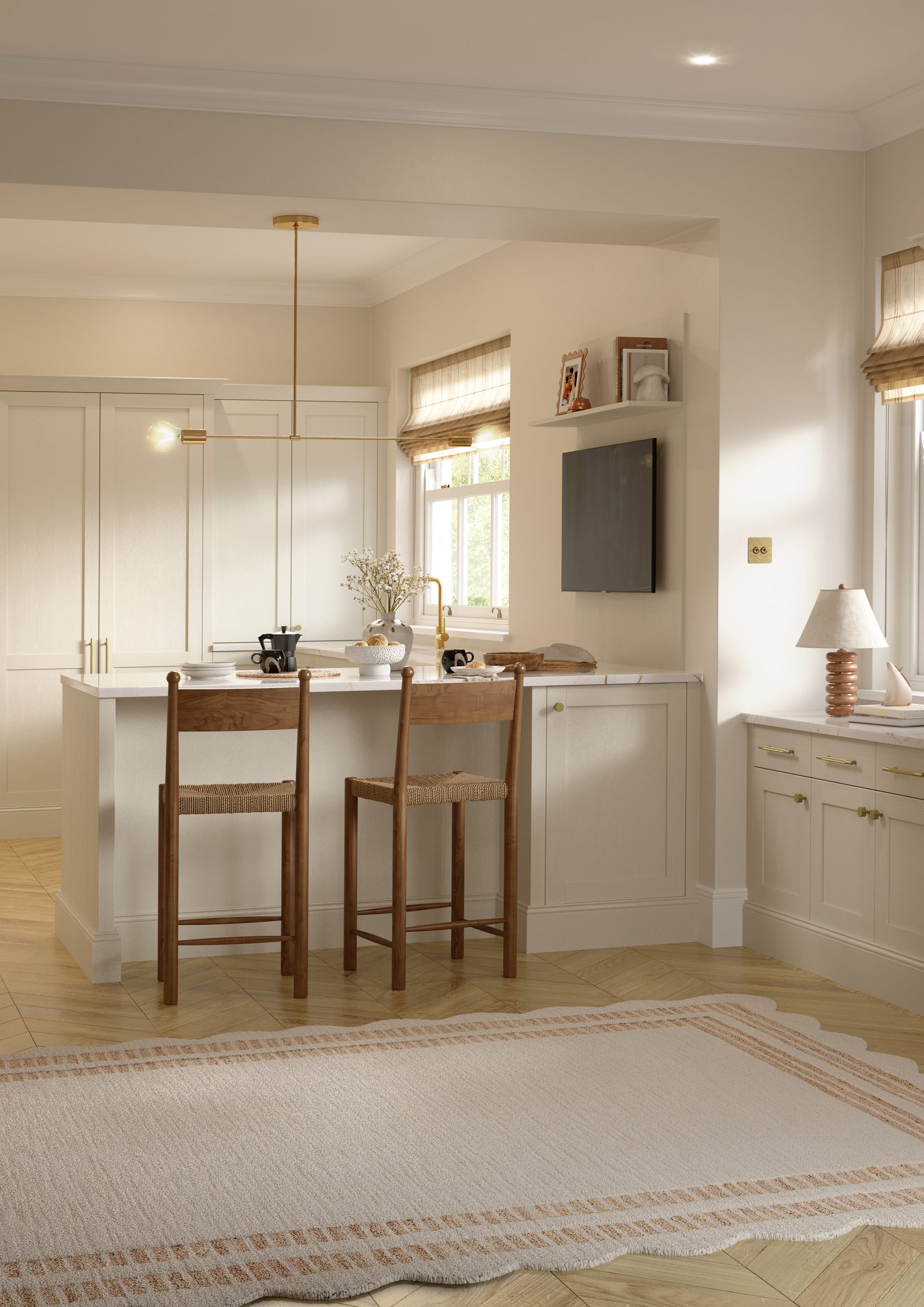 Kitchen with Nola door in Taupe Grey by The Kitchen Depot, featuring an island with bar stools, light cabinetry, and gold accents.