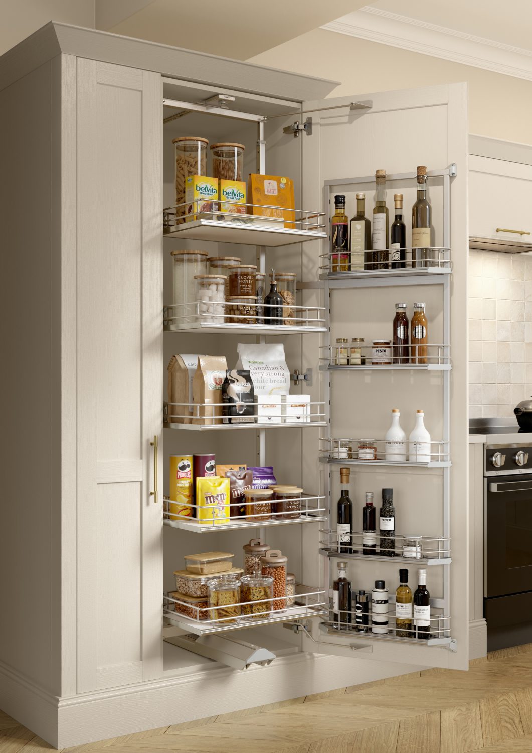 Pull out larder storage in a Taupe Grey kitchen with a Nola shaker door by The Kitchen Depot.